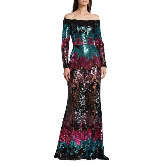 $7000 Elie Saab Off-the-Shoulder Sequin Gown Maxi Dress Multi Size 40 / US 8